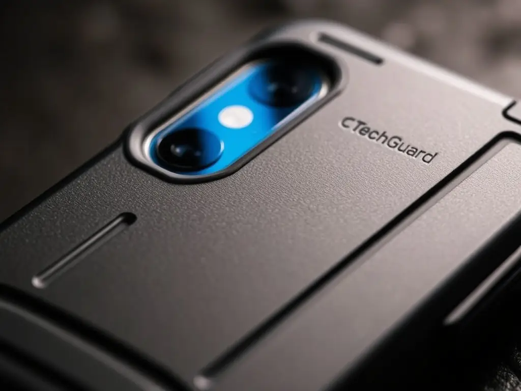 A close-up shot of a TechTrove Premium Protection phone case, showcasing its reinforced corners and raised edges designed to protect the screen and camera. The case is made of a durable, shock-absorbent material with a matte finish.